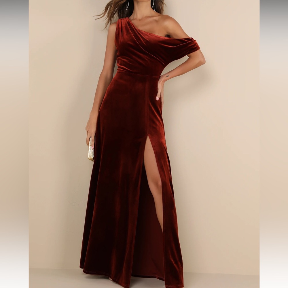 Rust Orange Velvet Asymmetrical Maxi Dress